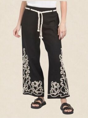 Joie Linen Blend Pants Wide Leg Embroidered Cropped Pull-On XS Black Vacation